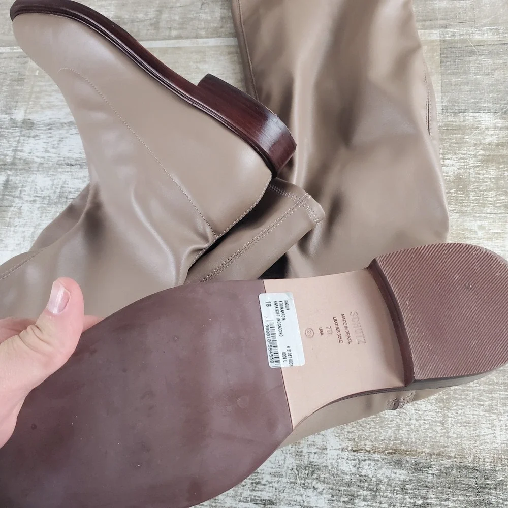Schutz Kaolin Womens Over-The-Knee Boots Sz 7 B Taupe Leather Side Zip Round Toe